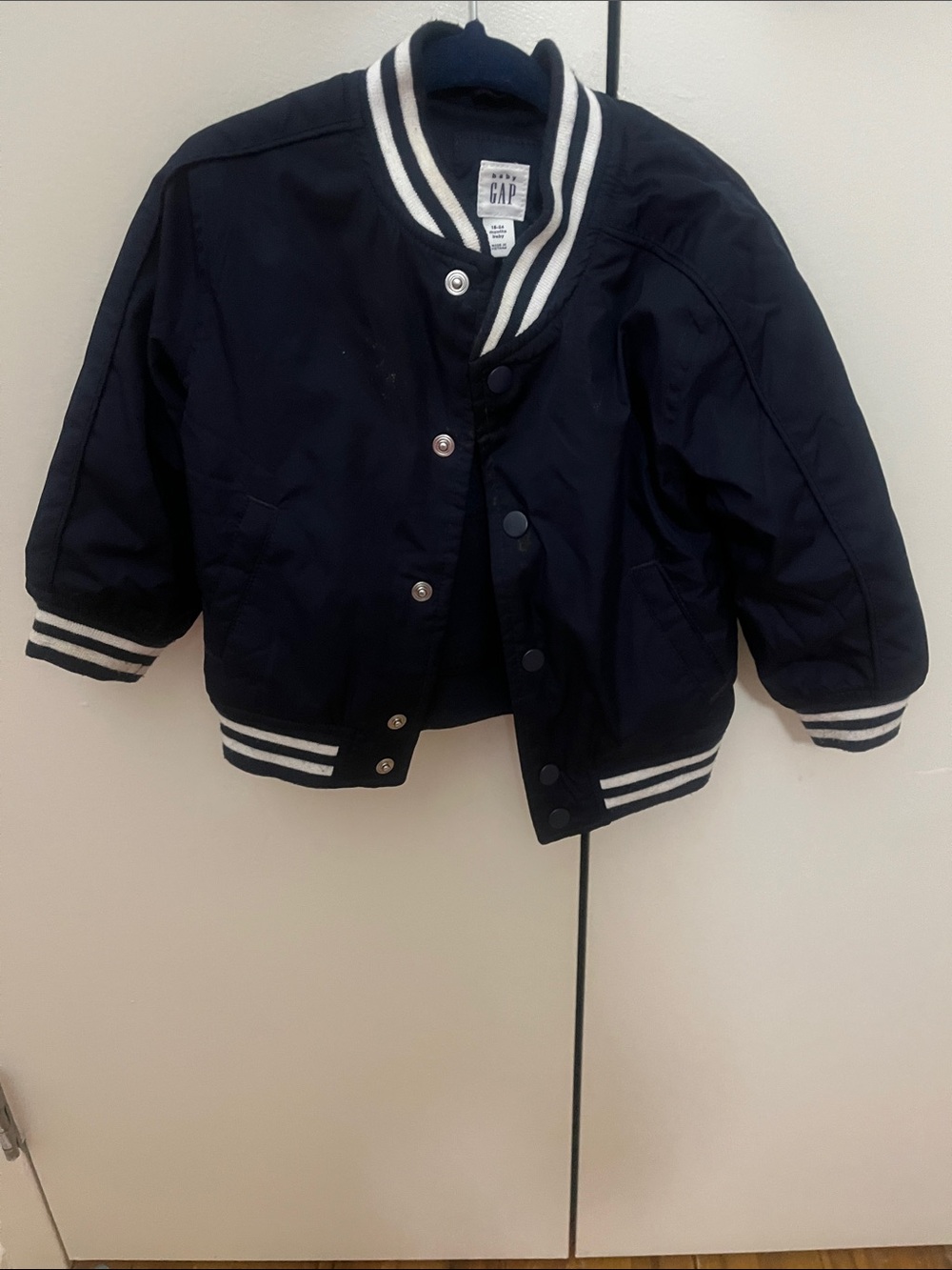 GAP Black Kids Puffer Bomber Jacket with White Striped Trim